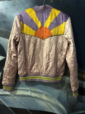 Classic Rock Couture Quilted Satin Bomber Jacket Rising Sun